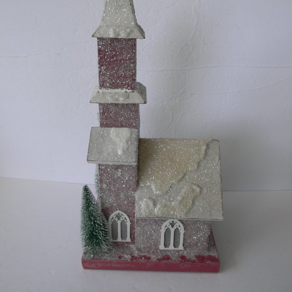 NEW Illuminated Wooden Church w/ Bottlebrush Trees by Valerie PARR HILL RED - Picture 3 of 4